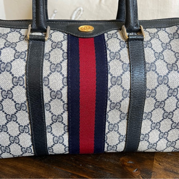 GUCCI Web Sherry Line Navy Boston Bag With Authenticity Cert - Picture 4 of 17